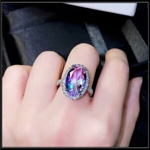 Clearance! New 925 Rainbow Crystal Mystic Topaz Halo Oval Statement Ring